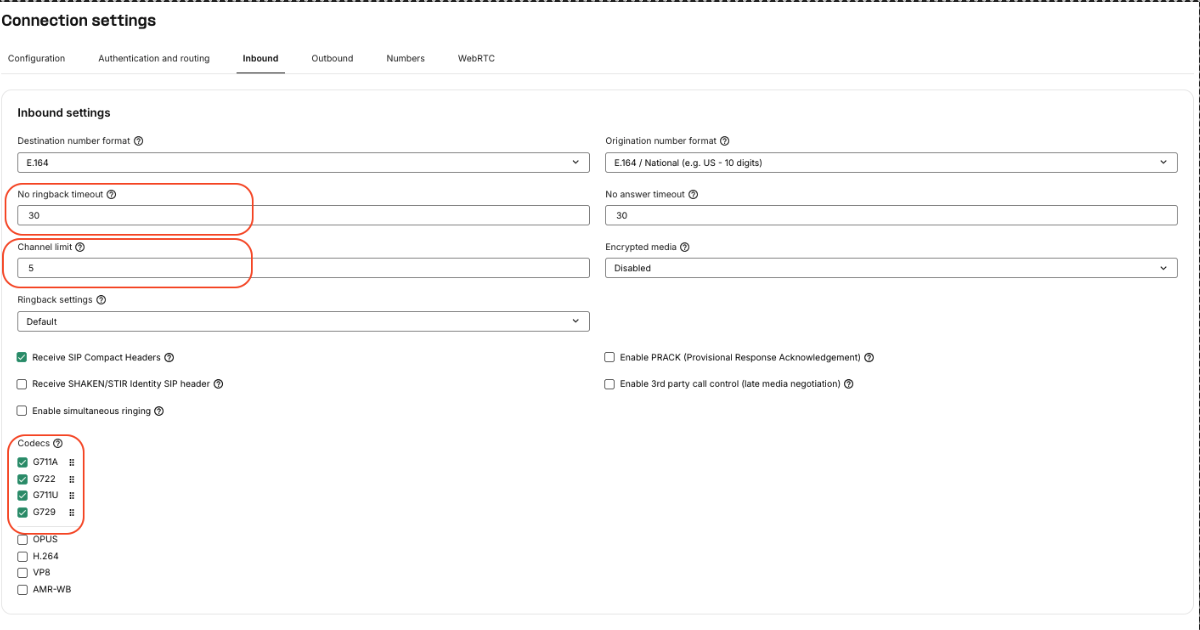 Telnyx inbound Settings